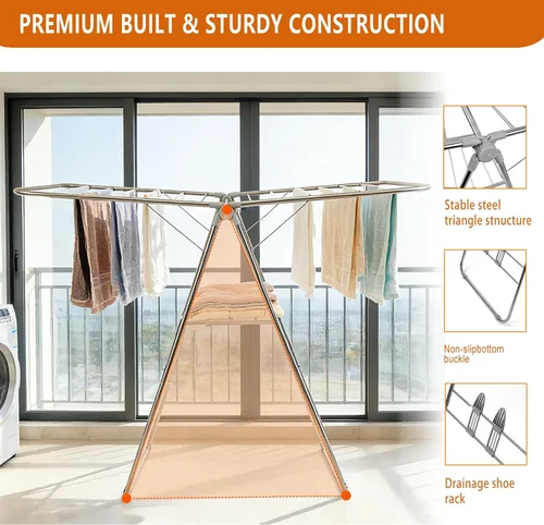 Vista 6 de Tendedero plegable de altura ajustable, gran espacio, estante de lavandería alado con clips para calcetines para colgar toallas, ropa, ropa de cama