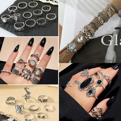 Vista 6 de Juego de anillos de nudillos de plata vintage para mujeres y hombres, anillos gruesos estéticos de serpiente grunge, apilables, anillo gótico