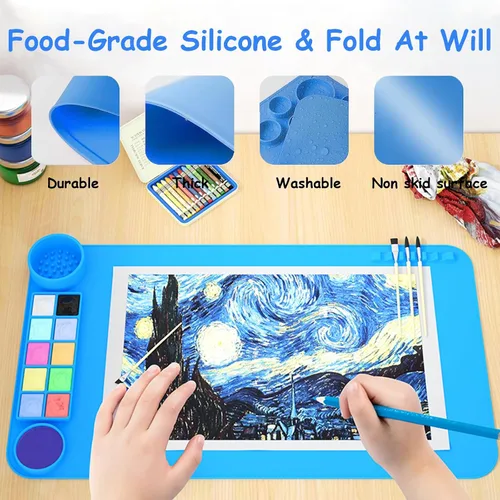 Vista 2 de Tapete de pintura de silicona, tablero de dibujo, 20 x 11 pulgadas, tapete de arte de silicona para artistas para niños, arcilla de regalo