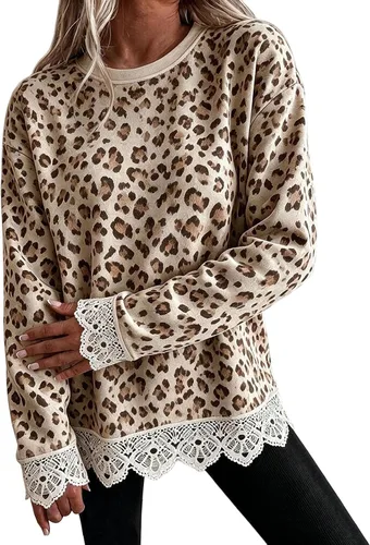 Vista 6 de Fall Sweatshirts for Women Crewneck Scalloped Lace Trim Cute Pullover Tops Lightweight Long Sleeve Polka Dot Sweatshirt,Oversized Leopard Print A