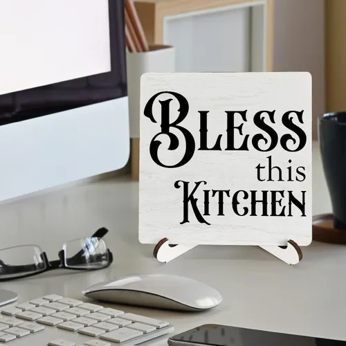 Vista 2 de Letrero de cocina de granja de madera de 5 x 5 pulgadas, decoración de soporte de mesa de escritorio de madera con texto en inglés "Bless This Cook