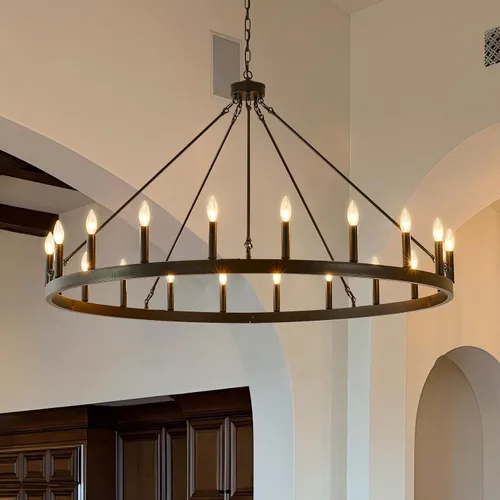 Vista 8 de Candelabro de iluminación de rueda de carro, 6 luces con pantalla de vidrio semillado, lámpara redonda de madera para cocina, isla de vestíbulo