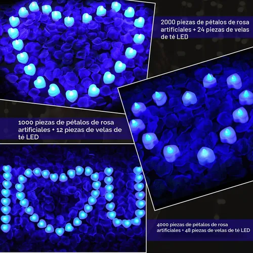 Vista 2 de KOABY 1000 piezas pétalos de rosa artificiales azules con kit de 12 luces LED azules de té, para decoración para decoración