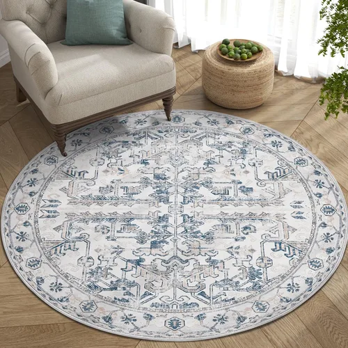 Vista 355 de jinchan Lima - Alfombra simétrica floral geométrica lavable, alfombra de entrada de medio círculo de 2 x 3, alfombra de media luna, suave y Azul