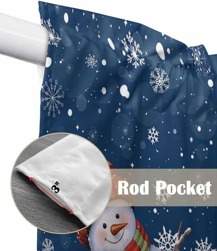 Vista 6 de BEMIGO Cortinas de cocina de Navidad, lindas cortinas de granja con muñeco de nieve azul, cenefa con bolsillo para barra de copos de nieve