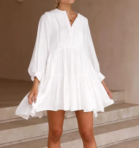 Vista 4 de R.Vivimos Vestido corto de manga larga de algodón casual con volantes y botones para mujer