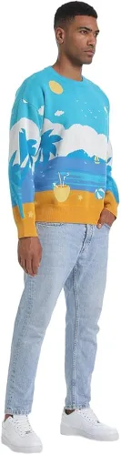 Vista 4 de SINAR Men's Casual Oversized Knit Sweater Crew Neck Long Sleeve Knitwear Unisex Cotton Jumper Pullover Knitted Sweater