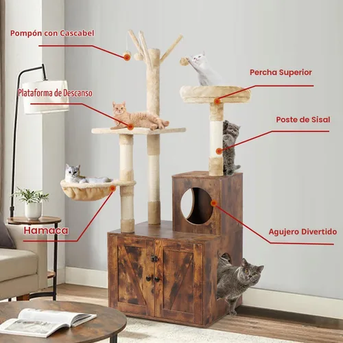 Vista 2 de Timberer Árbol para gatos con torre y caja de arena, refugio para gatos de madera 2-en-1 con poste de rascar de sisal, hamaca, marrón