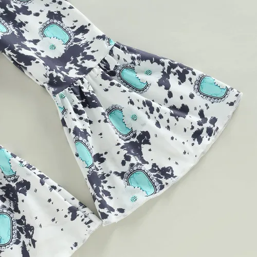 Vista 83 de fhutpw Conjunto de camiseta de manga corta con estampado de vaca y pantalones acampanados de dibujos animados para niñas