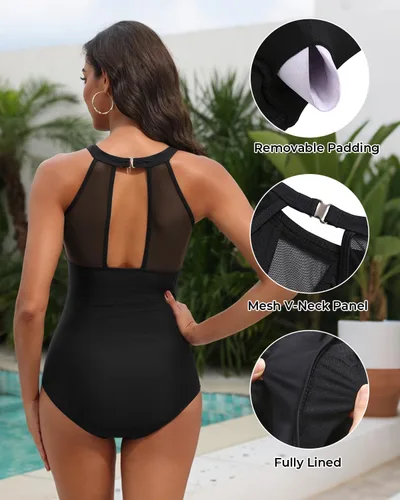 Vista 3 de Tempt Me - Traje de baño de una pieza para mujer, cuello alto, con malla, fruncidos y control del abdomen