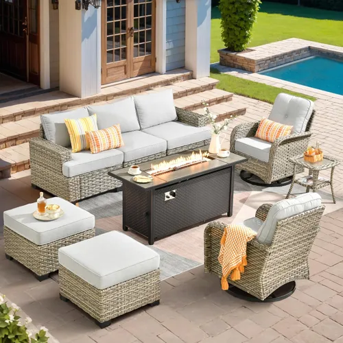 Vista 87 de HOOOWOOO Juego de Muebles Seccionales para Patio al Aire Libre, 6 Piezas Juegos de Conversación de Mimbre Sofá en Forma de L, Sofá Extra Profundo