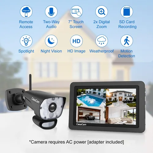 Vista 2 de CasaCam Sistema de cámara de seguridad inalámbrica Air Monitor de pantalla táctil de 7 pulgadas con 2 cámaras HD Spotlight Alimentado por CA