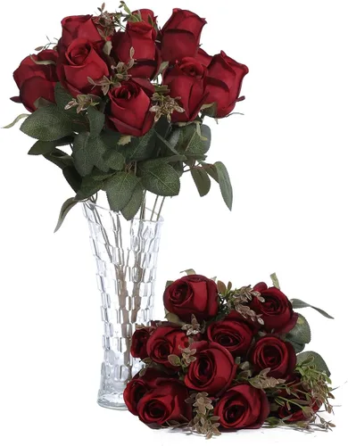 Vista 5 de Ramo de flores artificiales de seda, 20 cabezas, 2 paquetes, champán y Champán y crema