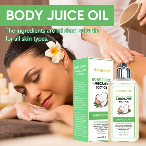 Vista 3 de Aceite de jugo corporal, fragancia de coco fresco, aceite corporal hidratante hecho a mano, 7.1 onzas líquidas