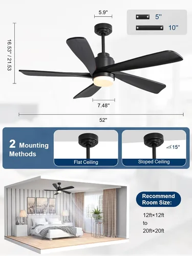 Vista 7 de Sofucor Ventilador de techo con luces y control remoto, ventilador de techo de madera moderno de 52 pulgadas para interiores, casa de campo Negro