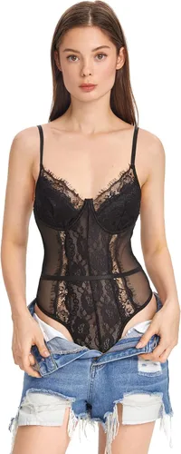 Vista 8 de SHENHE Body sin mangas de encaje floral con tirantes delgados, malla transparente para mujer