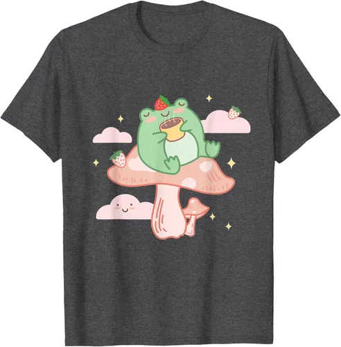 Vista 34 de Kawaii Strawberry Frog On Mushroom - Camiseta de manga corta de anime, Azul / Patchwork, S Azul Pastel