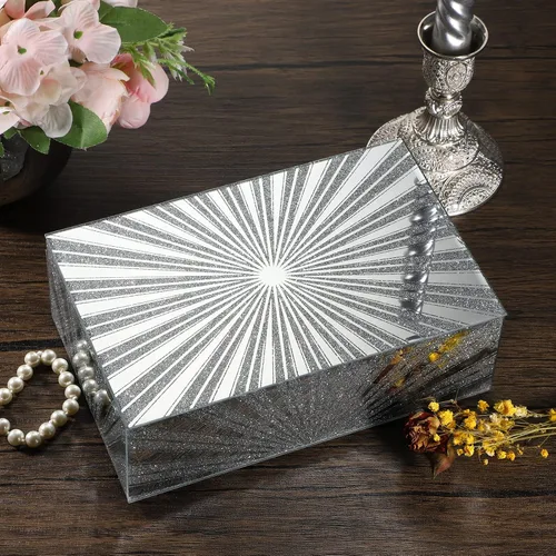 Vista 4 de Hipiwe Joyero de espejo con patrón de sol de diamante triturado, caja grande de cristal para baratijas, caja decorativa plateada, caja de recuerdos
