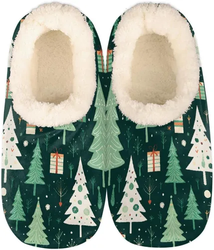Vista 13 de Pantuflas mullidas antideslizantes para mujer con forro esponjoso, acogedoras pantuflas de dormitorio para mujer Abstract Red Snowflake Pine Trees
