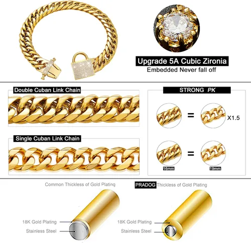 Vista 2 de PRADOG Collar de perro con cadena de oro con cierre de circonita, acero inoxidable de 18 quilates, collar de metal resistente para cachorros, collar