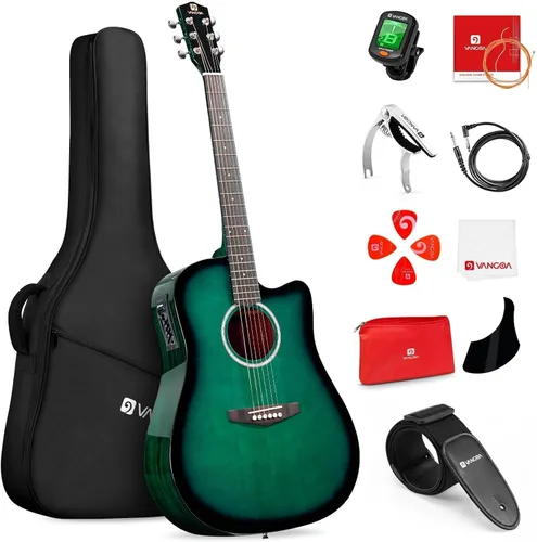 Vista 8 de Kit de guitarra electroacústica Vangoa para zurdos, tamaño completo, para principiantes adultos, con EQ de 4 bandas incorporado, bolsa, afinador
