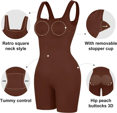 Vista 3 de Popilush Overol moldeador para mujer, brasier integrado, cuello cuadrado, pantalones cortos, bodysuits de verano