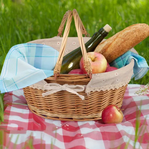 Vista 6 de Cesta grande multiusos de mimbre con asa, 14.2 x 11 x 6.7 pulgadas Cesta de mimbre para picnic con forro, Cesta de regalo vacía, Cesta ovalada