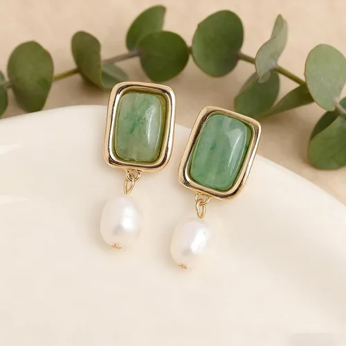 Vista 6 de Sonateomber Gold Gemstone Dangle Drop Earrings for Women,Chunky Statement Pearl Square Natural Stone Healing Dangling Earings Prom Wedding