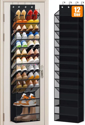 Vista 11 de MISSLO Organizador de zapatos de 12 niveles para colgar sobre la puerta, de malla transpirable, estante colgante para zapatos para almacenamiento