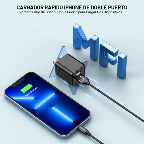 Vista 5 de Cargador rápido para iPhone, paquete de 2 cargadores de iPhone de 10 pies de 2.1 A, cargador USB de doble puerto, adaptador de enchufe con cable