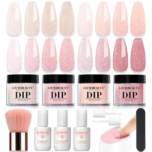 Vista 15 de Azurebeauty - Kit de iniciación de uñas en polvo de inmersión, 4 colores, purpurina de piel desnuda para todas las estaciones, juego de polvo