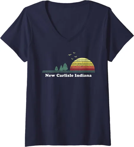 Vista 3 de Camiseta vintage para mujer Carlisle, Indiana Sunset Souvenir Print V-cuello
