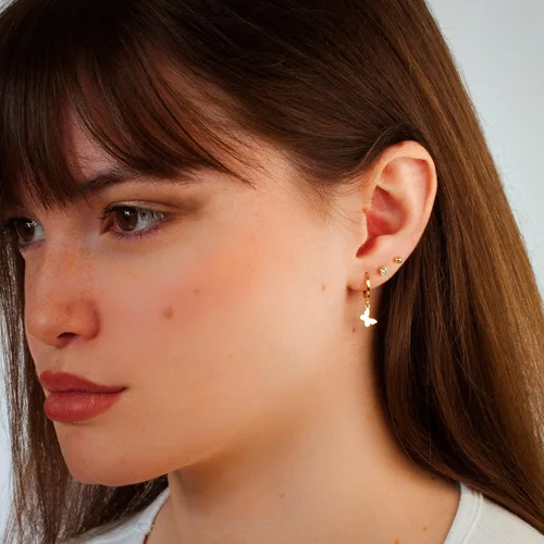 Vista 2 de 14K Gold Clasp Closure Dangle Earrings, Trendy Hoop with Charm, Huggie Hoop Earrings, Hypoallergenic Nickel Free Earrings, Lightweight Huggies for