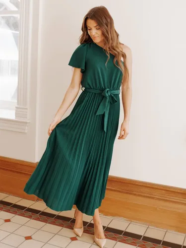 Vista 4 de MASCOMODA Vestido largo plisado de un hombro para mujer, vestido largo de verano floral bohemio de manga corta con lazo en la cintura y línea A
