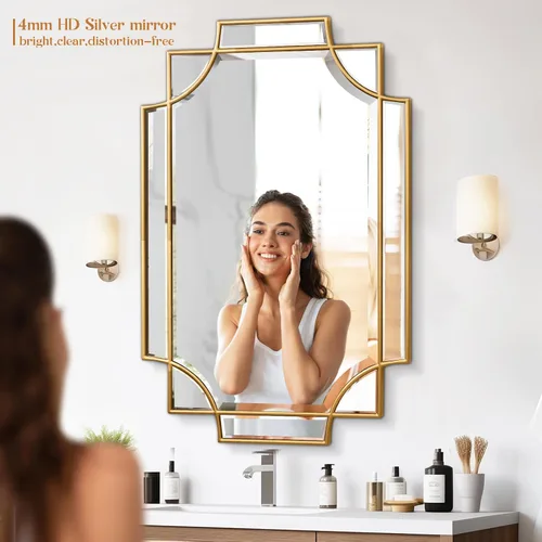 Vista 3 de Espejo de baño dorado para pared, espejo rectangular de tocador de 24 x 36 pulgadas, espejo decorativo moderno biselado pulido para entrada, sala