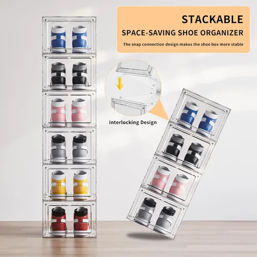 Vista 4 de Cajas organizadoras de almacenamiento de zapatos apilables de acrílico transparente, paquete de 6 unidades, estante para zapatos y sustituto