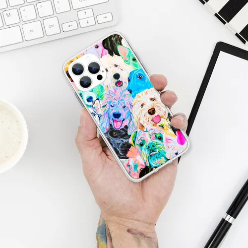 Vista 3 de Diseño para iPhone 14 Pro Max, diseño de acuarela de perros, collage de Pug para iPhone, protección a prueba de golpes, funda transparente de TPU