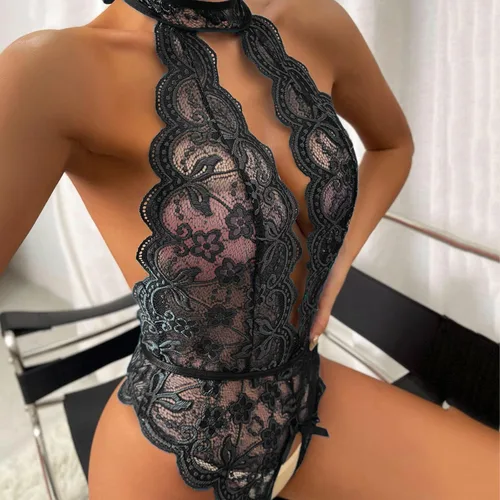 Vista 6 de Lencería de una pieza para mujer, lencería sexy para mujer, encaje rojo, transparente, lencería para mujer