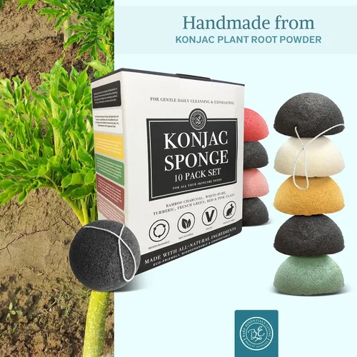 Vista 7 de Bare Essentials Living - Juego de esponjas Konjac (paquete de 10) con esponja facial de carbón de bambú activado, natural, ideal para tratamientos