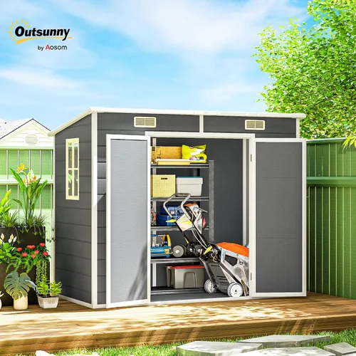 Vista 2 de Outsunny Cobertizo de almacenamiento para exteriores de 8 x 4 pies, cobertizo de plástico de resina impermeable con suelo, ventana, puertas