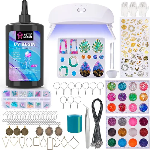 Vista 10 de LET'S RESIN Kit de fabricación de llaveros todo incluido, resina UV de 12 colores con moldes de llavero de silicona, luz UV, 6 estilos de biseles