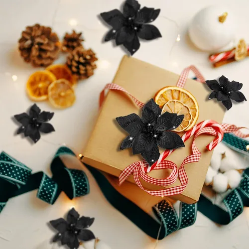 Vista 6 de WILLBOND 36 piezas de flores de Pascua navideñas de 3 tamaños para árbol de Navidad, flores falsas con purpurina, decoración, adornos de flor