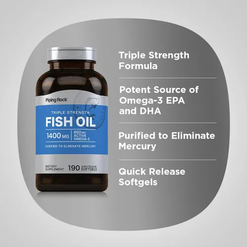 Vista 4 de Piping Rock Suplemento Omega 3 de aceite de pescado 1400 mg 190 cápsulas blandas para mujeres y hombres Triple fuerza con EPA y DHA Sin
