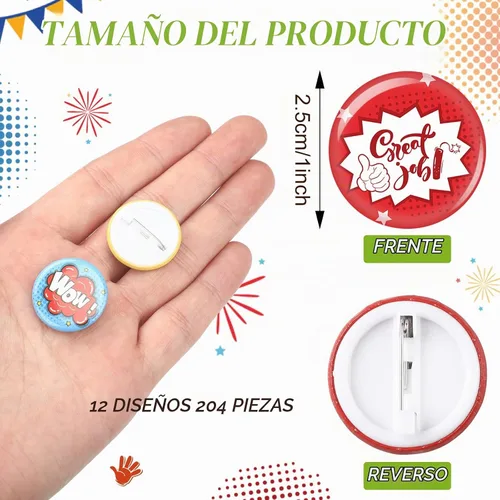 Vista 2 de Highergo 204 piezas de botones de recompensa en miniatura botones de reconocimiento redondos botones motivacionales a granel insignias