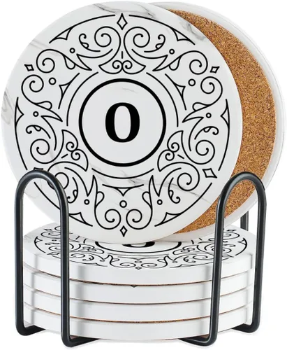 Vista 17 de Onebttl Juego de 6 posavasos con monograma, letra inicial, cerámica, absorbente con base de corcho, decoración del hogar para familia, inauguración