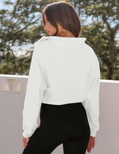 Vista 3 de MEROKEETY Sudadera corta con cremallera de un cuarto para mujer, manga larga, cuello alto, con cordón