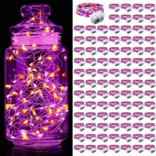 Vista 8 de Aogist Paquete de 24 luces de hadas, 3 modos, 2,1 metros, 20 luces LED, impermeables, cable plateado, funcionan con pilas, mini luces de alambre
