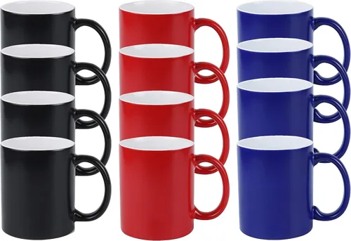 Vista 2 de Taza de sublimación cambiable de 11 onzas, 3 colores surtidos, negro, azul y rojo, empaquetada en caja blanca, caja de 12