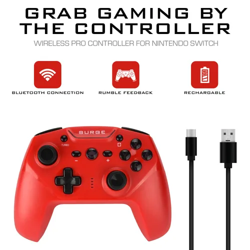 Vista 4 de Surge Switchpad Pro Wireless Controller for Nintendo Switch, 4 Macro Buttons, Rechargeable 550mAh Battery, Motion Controls - Red