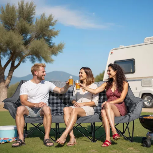 Vista 2 de Huskfirm Silla de camping acolchada para 3 personas, silla de camping plegable, silla de campamento doble portátil, silla de campamento resistente